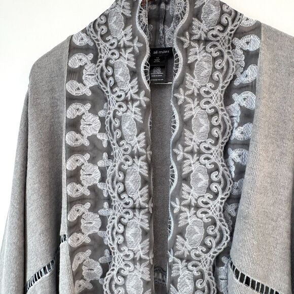 Ali Miles Lace Collar Open Front Cardigan Sweater 1X Gray Artsy Lagenlook Flowy - Picture 3 of 11